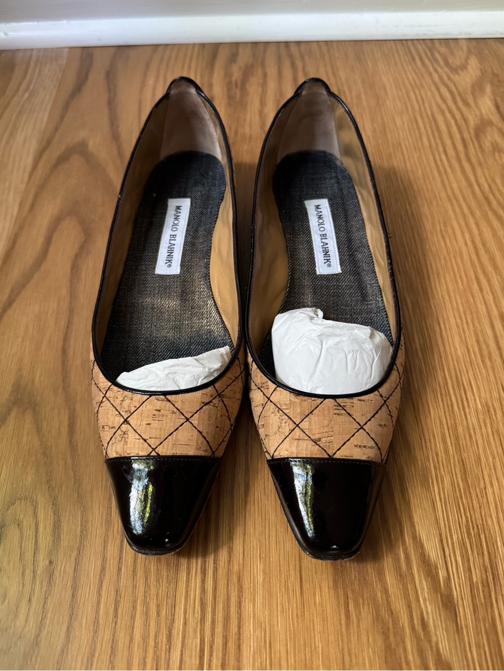 Manolo Blahnik Giunglaca Quilted Cork Flats with Patent Leather Cap Toe 39.5/9.5